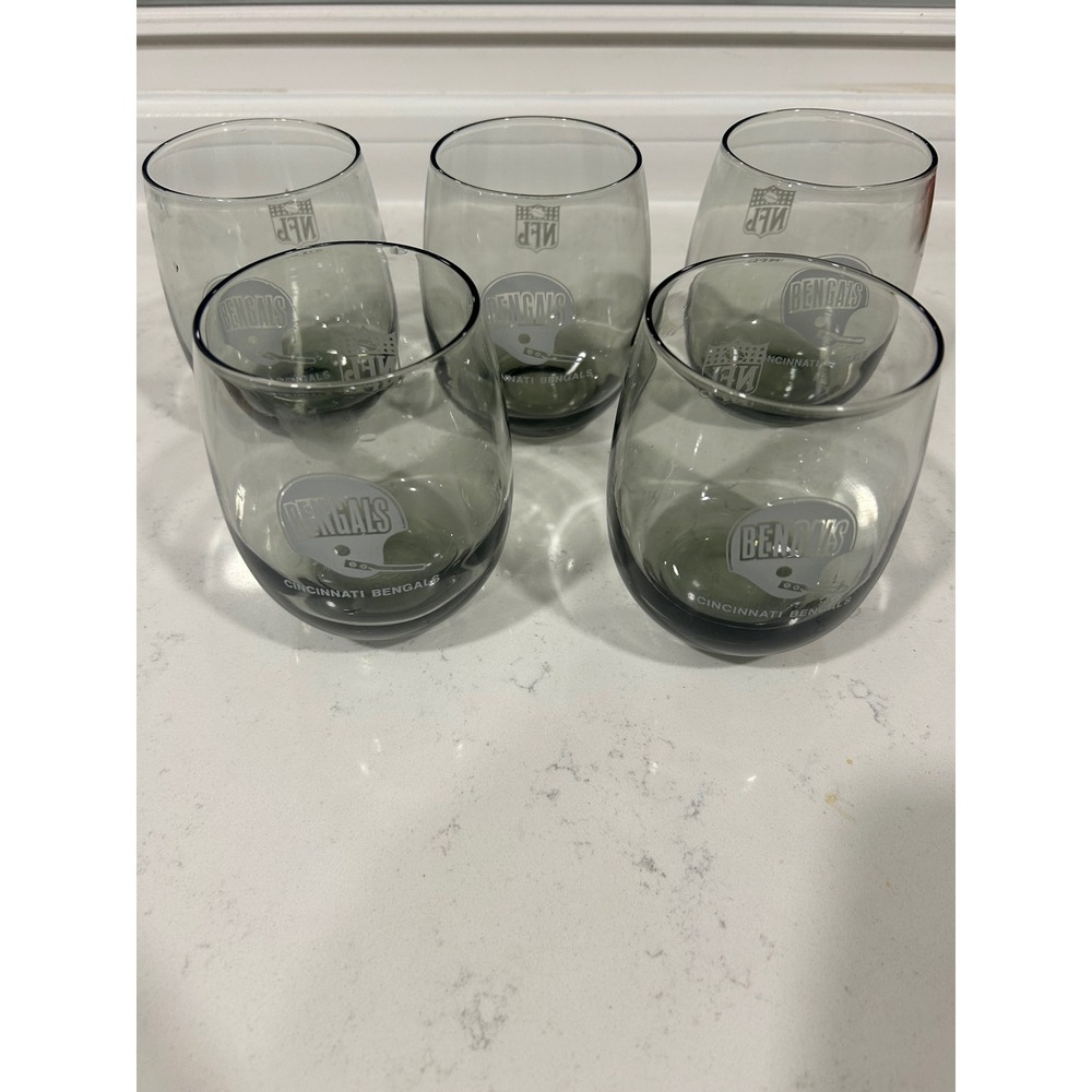 NFL‎ Cincinnati Bengals Stemless Wine Glasses Set of 5 Smoky Grey Etched Logo